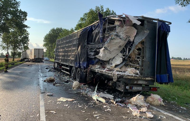 Samochód ciężarowy najechał na tył ciężarówki transportującej żywy drób