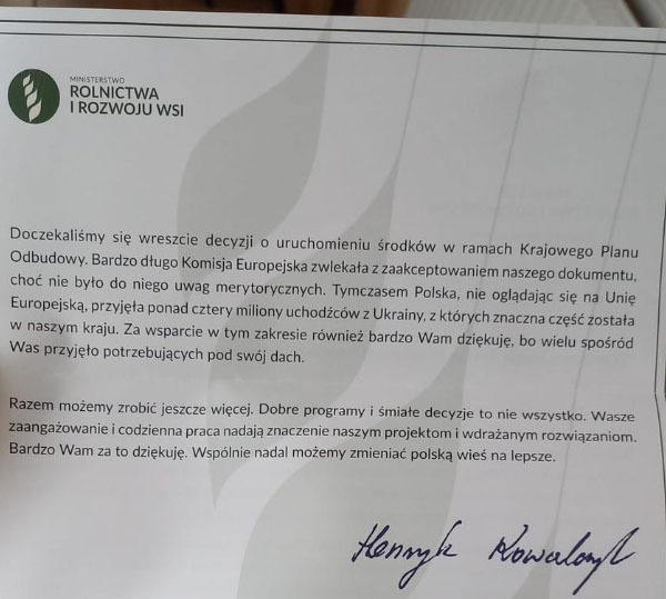 Wicepremier Kowalczyk pisze o "uruchomieniu środków w ramach Krajowego Planu Odbudowy"