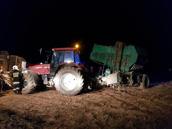 rolnik wciągnięty przez kombajn do buraków, ciągnik, buraki, wypadki na wsi, wypadek z udziałem rolnika, wypadek na polu, OSP Radecznica